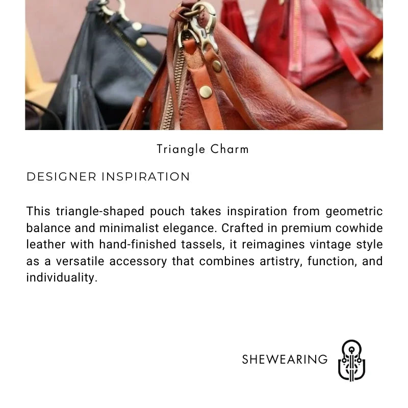 Vintage Leather Triangle Pouch – Handmade Cowhide Lipstick & Coin Case | Mini Zipper Bag Charm with Tassel | Retro Gift & Organizer