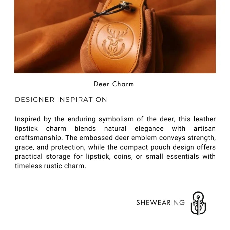 Deer Emblem Leather Lipstick Charm – Handmade Full-Grain Leather Pouch | Multifunctional Storage for Lipstick & Essentials | Rustic Artisan Gift for Men & Women