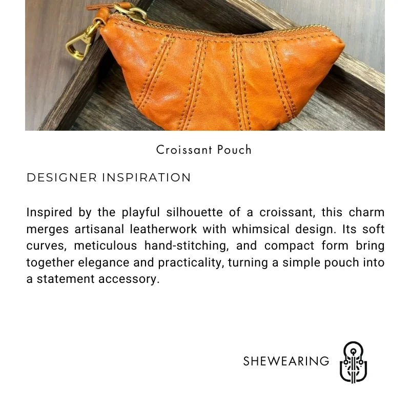 Croissant Leather Pouch Charm – Handmade Full-Grain Leather Mini Organizer | Lipstick & Coin Holder | Creative Vintage Bag Pendant