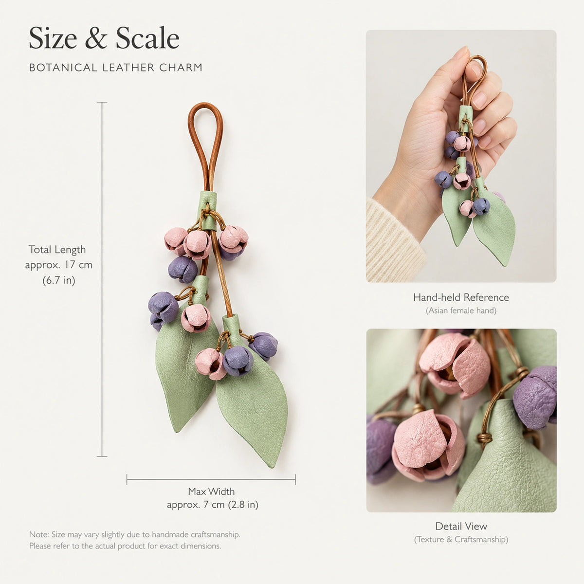 Size and scale guide for Morandi botanical bud bag charm showing visually estimated dimensions, a hand-held reference and close-up bud details.