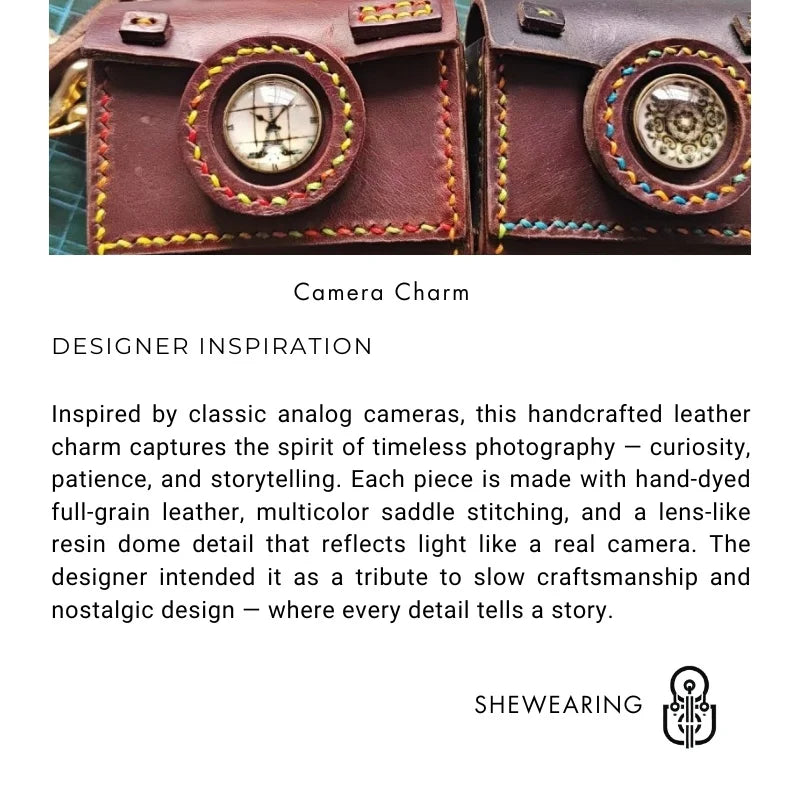 Vintage Camera Leather Bag Charm – Handmade Full-Grain Leather Mini Case | Retro Keychain & Lipstick Holder | Artistic Gift for Collectors