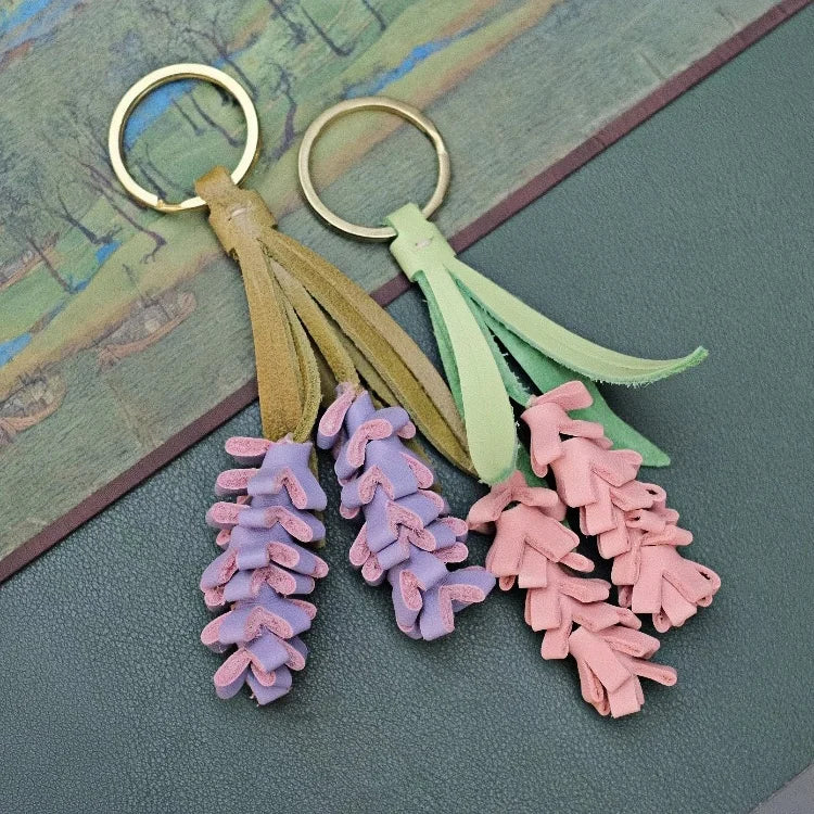 Lavender Blossom Leather Bag Charm – Handcrafted Full-Grain Leather Pendant | Unique Keychain with Botanical Elegance | Artisan Gift for Nature Lovers