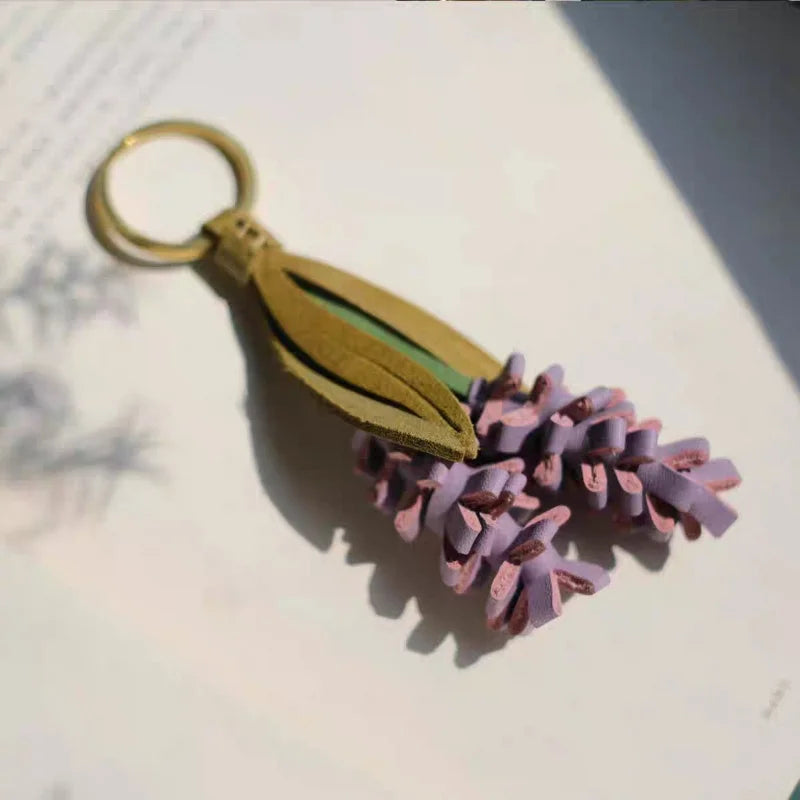 Lavender Blossom Leather Bag Charm – Handcrafted Full-Grain Leather Pendant | Unique Keychain with Botanical Elegance | Artisan Gift for Nature Lovers