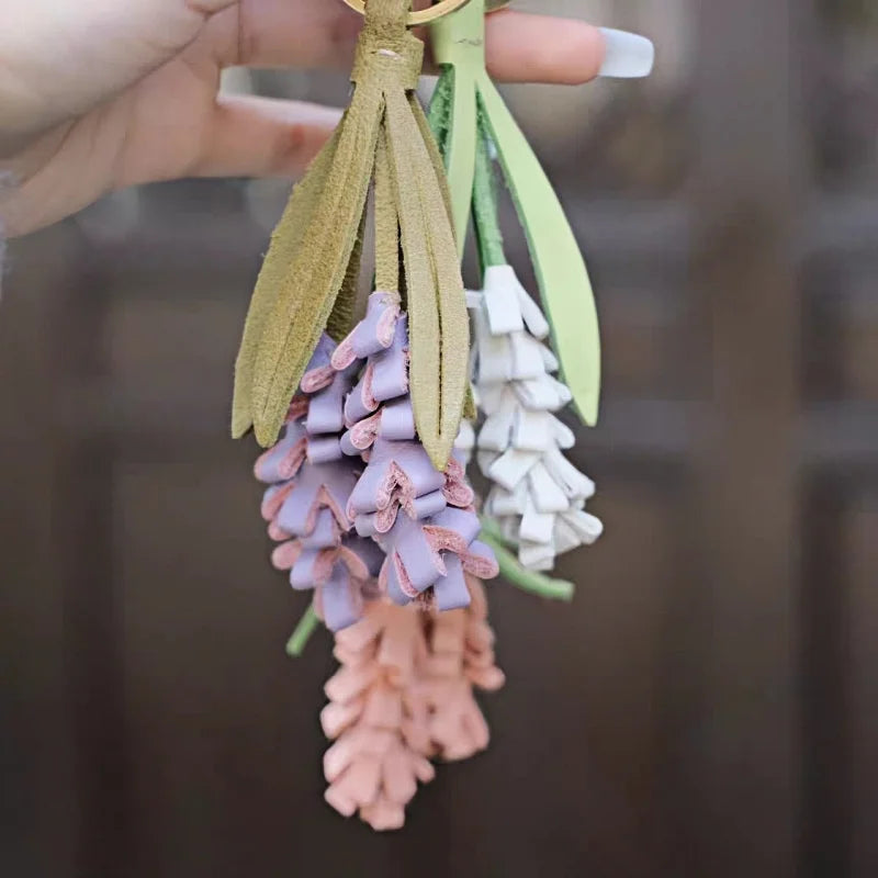 Lavender Blossom Leather Bag Charm – Handcrafted Full-Grain Leather Pendant | Unique Keychain with Botanical Elegance | Artisan Gift for Nature Lovers