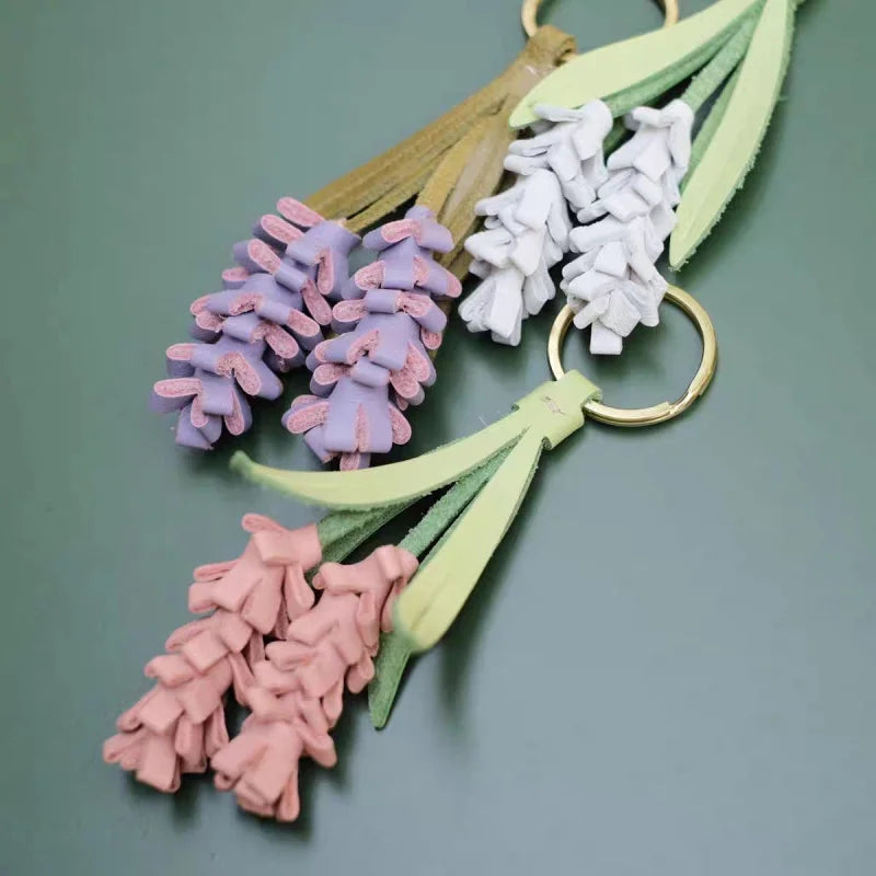 Lavender Blossom Leather Bag Charm – Handcrafted Full-Grain Leather Pendant | Unique Keychain with Botanical Elegance | Artisan Gift for Nature Lovers