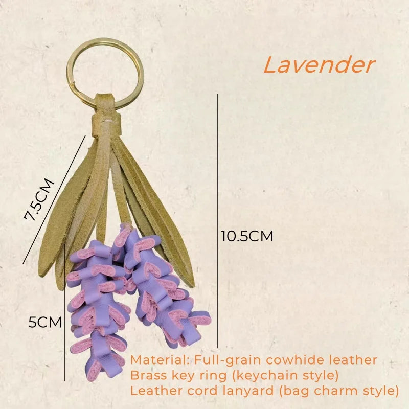 Lavender Blossom Leather Bag Charm – Handcrafted Full-Grain Leather Pendant | Unique Keychain with Botanical Elegance | Artisan Gift for Nature Lovers