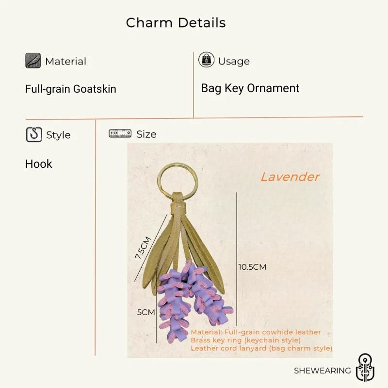 Lavender Blossom Leather Bag Charm – Handcrafted Full-Grain Leather Pendant | Unique Keychain with Botanical Elegance | Artisan Gift for Nature Lovers