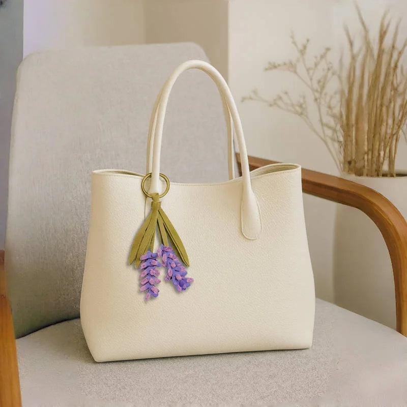 Lavender Blossom Leather Bag Charm – Handcrafted Full-Grain Leather Pendant | Unique Keychain with Botanical Elegance | Artisan Gift for Nature Lovers
