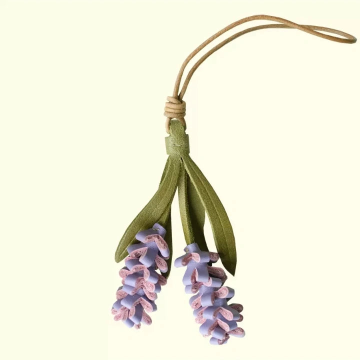 Lavender Blossom Leather Bag Charm – Handcrafted Full-Grain Leather Pendant | Unique Keychain with Botanical Elegance | Artisan Gift for Nature Lovers