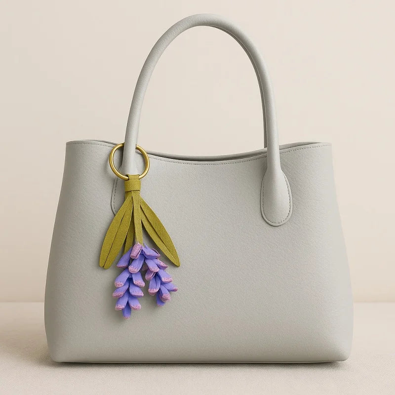 Lavender Blossom Leather Bag Charm – Handcrafted Full-Grain Leather Pendant | Unique Keychain with Botanical Elegance | Artisan Gift for Nature Lovers