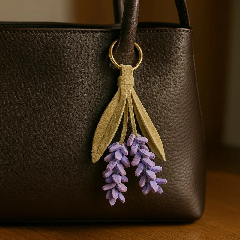 Lavender Blossom Leather Bag Charm – Handcrafted Full-Grain Leather Pendant | Unique Keychain with Botanical Elegance | Artisan Gift for Nature Lovers