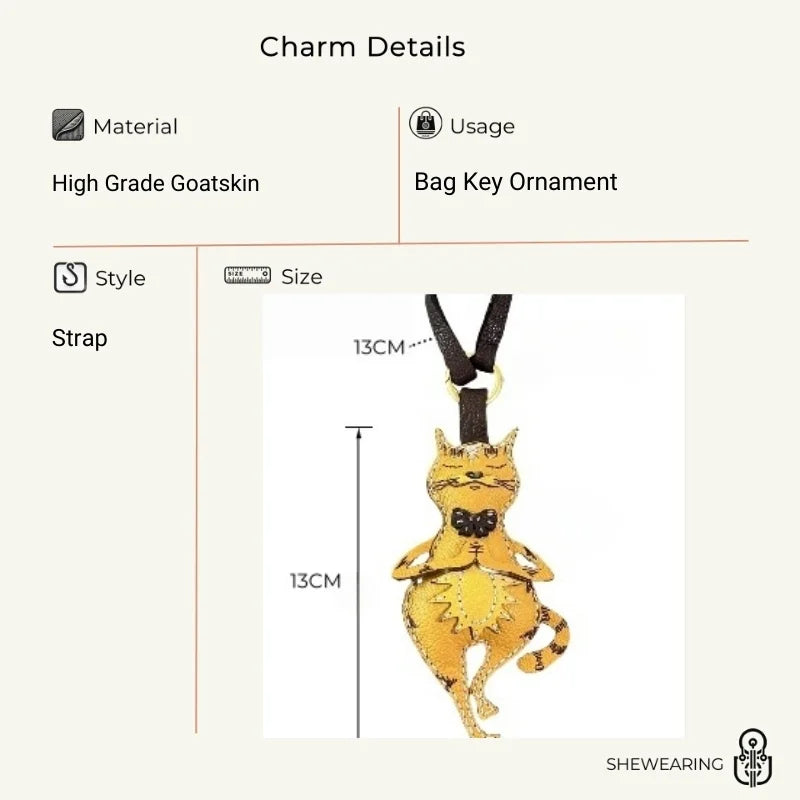 Dije de gato yoga para bolso – Llavero original de cuero genuino hecho a mano | Colgante de gato consciente con pajarita | Accesorio artístico con estilo, un regalo elegante para ella