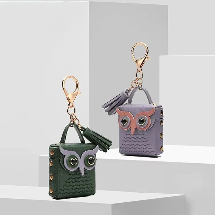 Dije de búho para bolso de cuero – Estuche de búho hecho a mano en cuero flor | Llavero multifuncional y organizador de cables | Dije pequeño y divertido para mujer