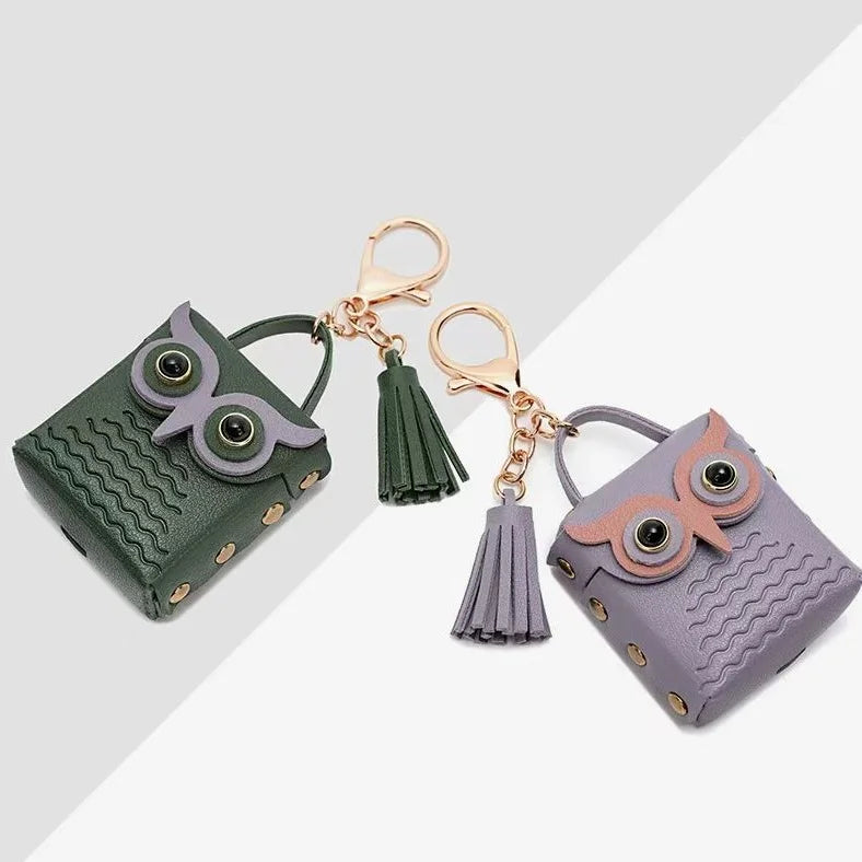 Dije de búho para bolso de cuero – Estuche de búho hecho a mano en cuero flor | Llavero multifuncional y organizador de cables | Dije pequeño y divertido para mujer
