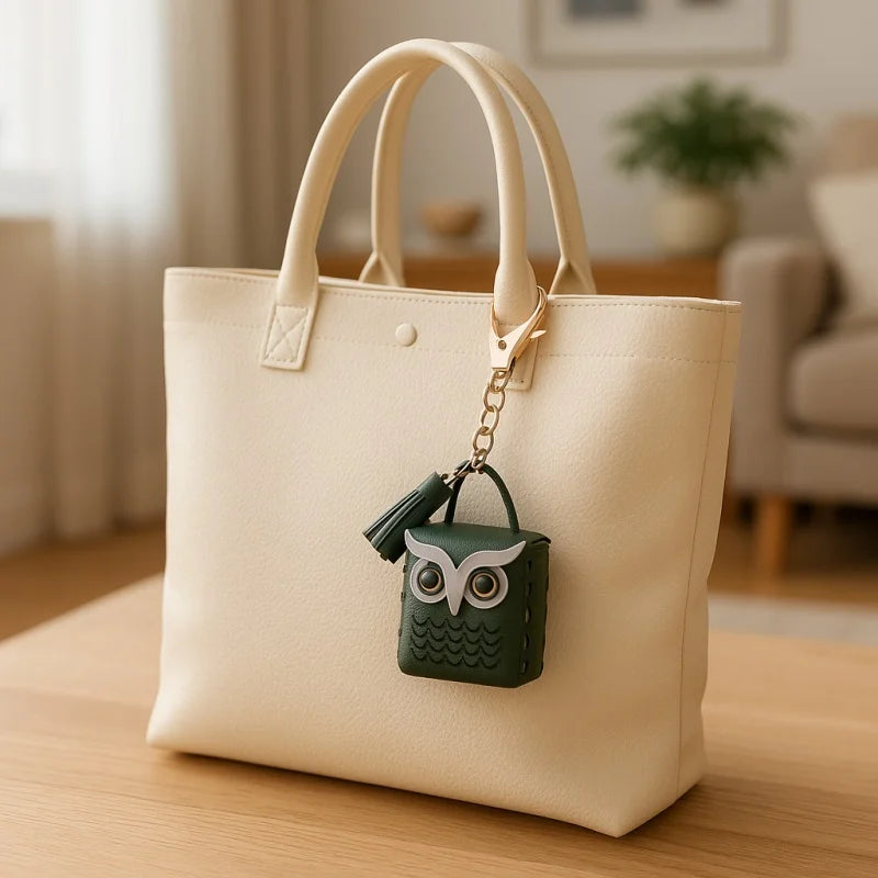 Dije de búho para bolso de cuero – Estuche de búho hecho a mano en cuero flor | Llavero multifuncional y organizador de cables | Dije pequeño y divertido para mujer