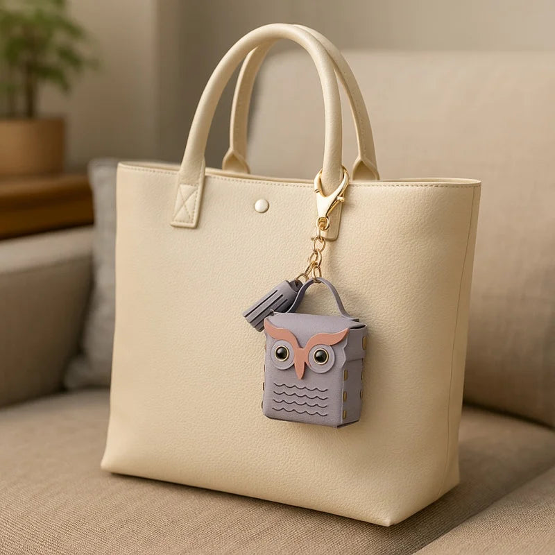 Dije de búho para bolso de cuero – Estuche de búho hecho a mano en cuero flor | Llavero multifuncional y organizador de cables | Dije pequeño y divertido para mujer