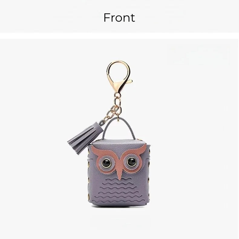 Dije de búho para bolso de cuero – Estuche de búho hecho a mano en cuero flor | Llavero multifuncional y organizador de cables | Dije pequeño y divertido para mujer
