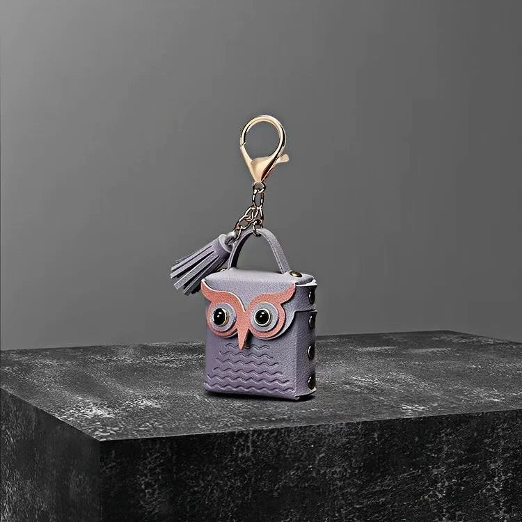 Dije de búho para bolso de cuero – Estuche de búho hecho a mano en cuero flor | Llavero multifuncional y organizador de cables | Dije pequeño y divertido para mujer