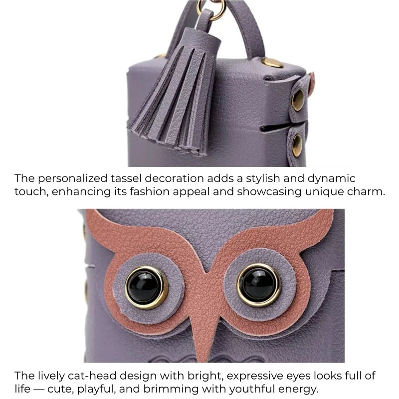 Dije de búho para bolso de cuero – Estuche de búho hecho a mano en cuero flor | Llavero multifuncional y organizador de cables | Dije pequeño y divertido para mujer