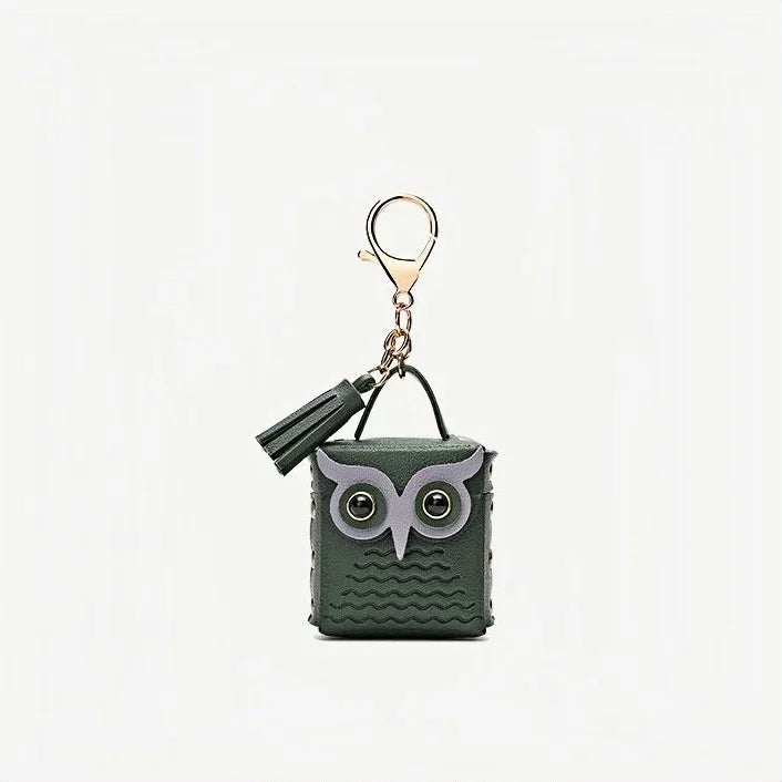 Dije de búho para bolso de cuero – Estuche de búho hecho a mano en cuero flor | Llavero multifuncional y organizador de cables | Dije pequeño y divertido para mujer