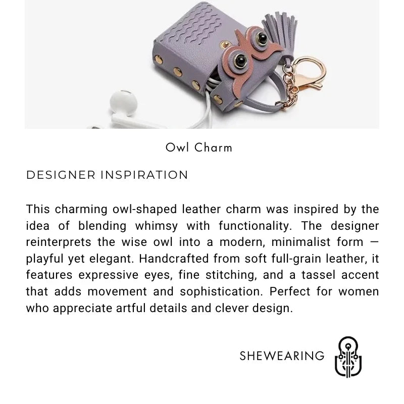 Dije de búho para bolso de cuero – Estuche de búho hecho a mano en cuero flor | Llavero multifuncional y organizador de cables | Dije pequeño y divertido para mujer