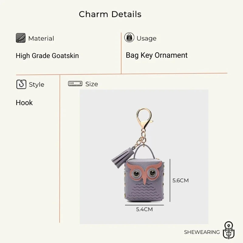 Dije de búho para bolso de cuero – Estuche de búho hecho a mano en cuero flor | Llavero multifuncional y organizador de cables | Dije pequeño y divertido para mujer