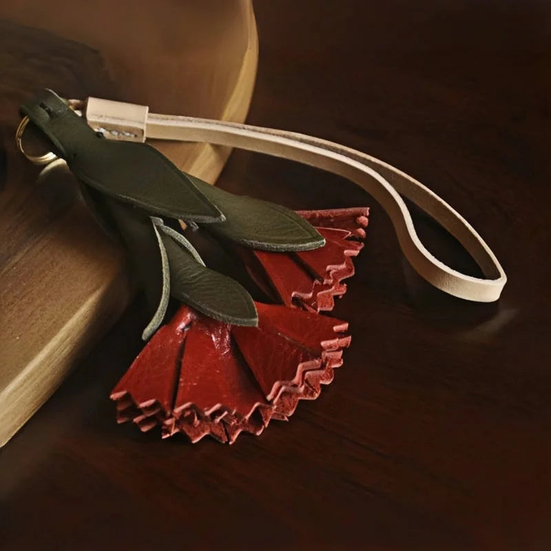 Vintage Leather Carnation Bag Charm – Handmade Full-Grain Cowhide Flower Keychain | Elegant 3D Floral Pendant | Unique Gift for Women