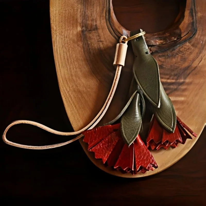 Vintage Leather Carnation Bag Charm – Handmade Full-Grain Cowhide Flower Keychain | Elegant 3D Floral Pendant | Unique Gift for Women