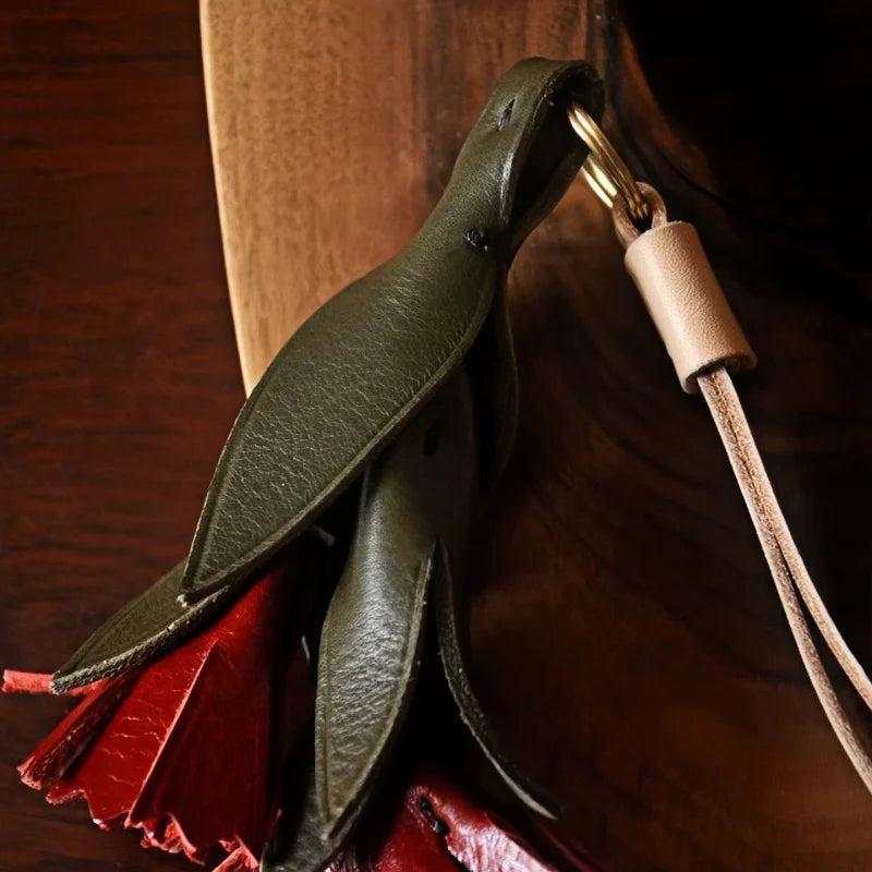 Vintage Leather Carnation Bag Charm – Handmade Full-Grain Cowhide Flower Keychain | Elegant 3D Floral Pendant | Unique Gift for Women