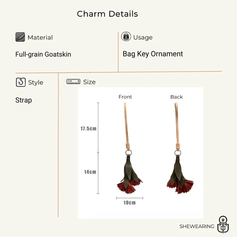 Vintage Leather Carnation Bag Charm – Handmade Full-Grain Cowhide Flower Keychain | Elegant 3D Floral Pendant | Unique Gift for Women