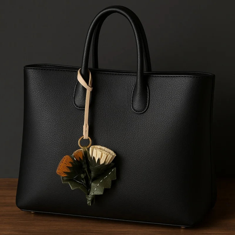 Leather Dandelion Flower Bag Charm – Handmade Vegetable-Tanned Cowhide Pendant | Minimalist Floral Keychain | Elegant Handbag Accessory