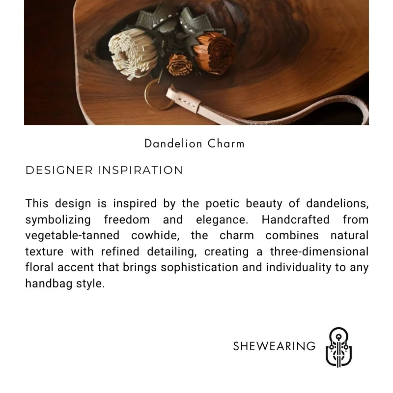 Leather Dandelion Flower Bag Charm – Handmade Vegetable-Tanned Cowhide Pendant | Minimalist Floral Keychain | Elegant Handbag Accessory