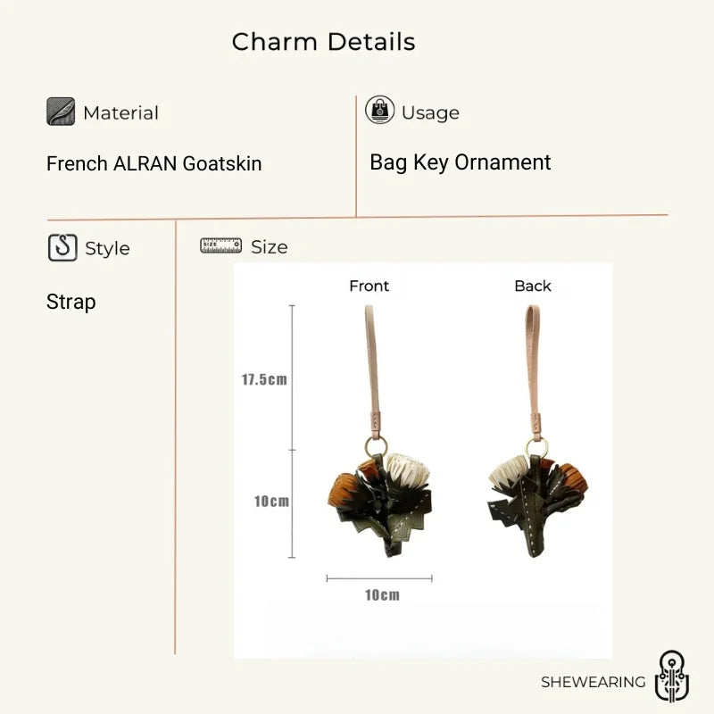 Leather Dandelion Flower Bag Charm – Handmade Vegetable-Tanned Cowhide Pendant | Minimalist Floral Keychain | Elegant Handbag Accessory