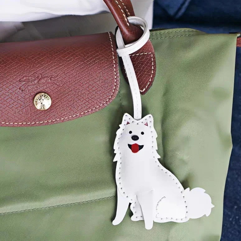 Original Samoyed Dog Leather Bag Charm – Handmade Full-Grain Leather Keychain | Cute White Puppy Pendant for Pet Lovers | Zodiac Gift & Couple Accessory