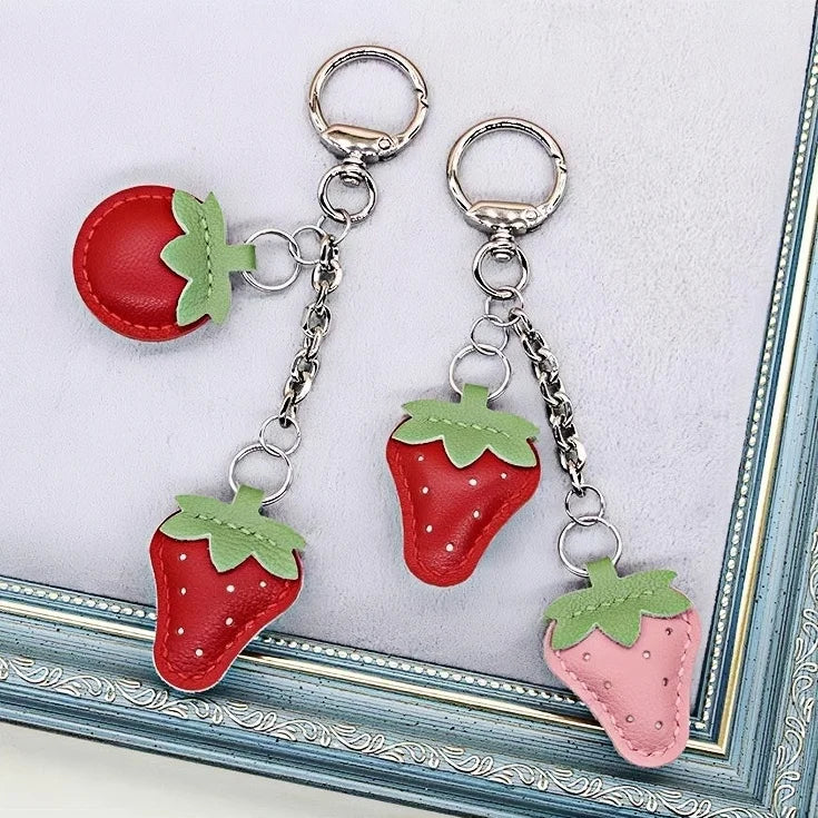 Strawberry Leather Bag Charm – Handcrafted Red & Pink Lambskin Pendant | Cute Fruit-Inspired Keychain | Soft Full-Grain Accessory for Bags & Gifts