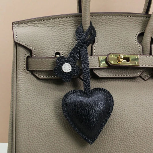 Handcrafted Leather Heart Bag Charm – Handmade Goatskin Heart Pendant with Floral Accent | Minimalist Romantic Bag Accessory | Timeless Gift for Her