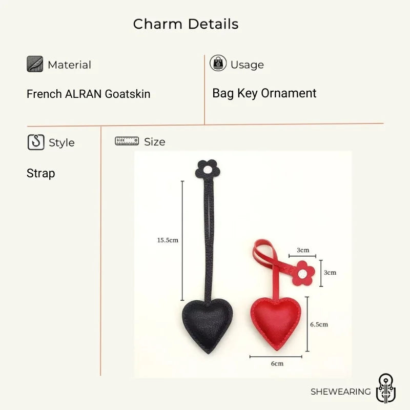 Handcrafted Leather Heart Bag Charm – Handmade Goatskin Heart Pendant with Floral Accent | Minimalist Romantic Bag Accessory | Timeless Gift for Her