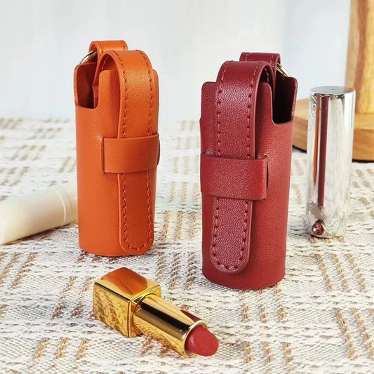 Elegant Leather Lipstick Case Bag Charm – Handmade Cylindrical Lip Balm Holder with Gold Ring | Compact Full-Grain Leather Organizer for Handbags | Stylish Gift for Women