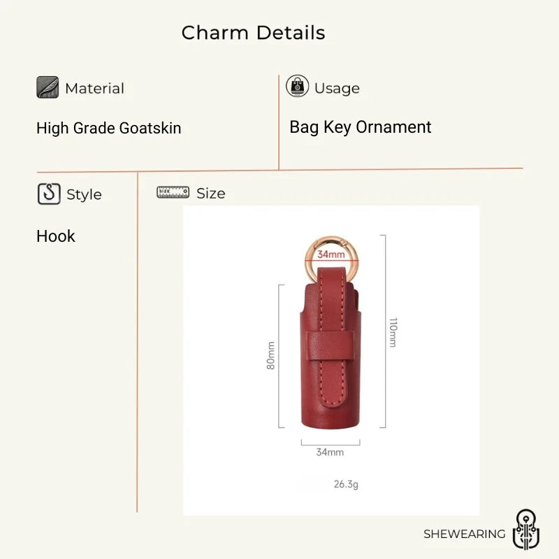 Elegant Leather Lipstick Case Bag Charm – Handmade Cylindrical Lip Balm Holder with Gold Ring | Compact Full-Grain Leather Organizer for Handbags | Stylish Gift for Women