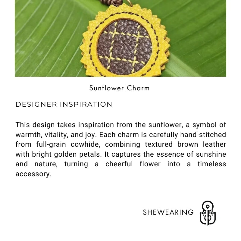 Sunflower Leather Bag Charm – Handmade Full-Grain Cowhide Pendant | Cute Sunflower Keychain | Creative Handcrafted Gift for Couples & Women