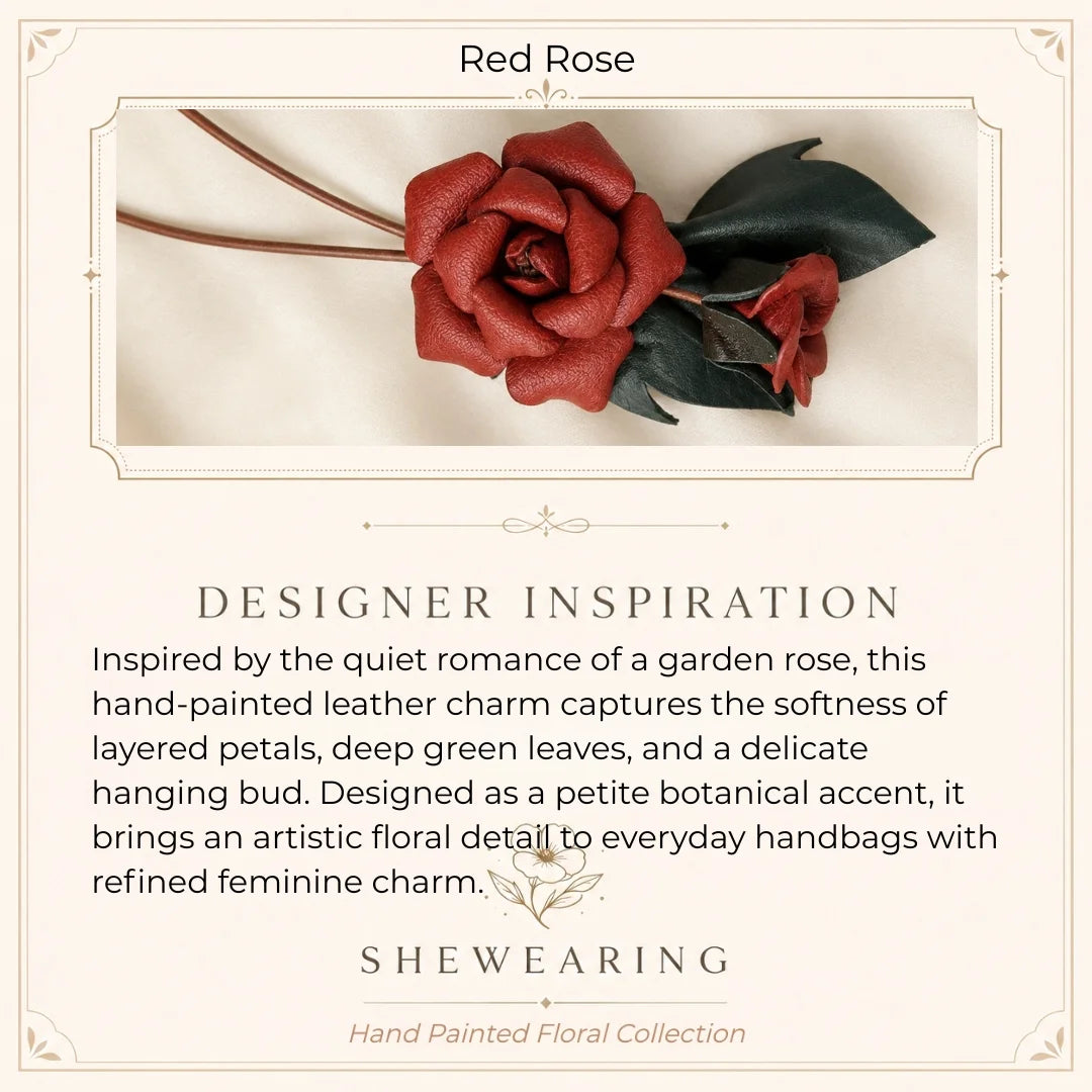 Hand-Painted Red Rose Leather Bag Charm – Petite Floral Handbag Accessory Unique Gift for Her
