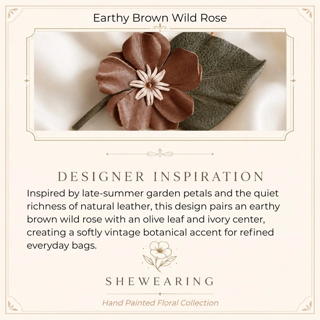 Hand-Painted Earthy Brown Wild Rose Leather Bag Charm – Elegant Handbag Accessory & Unique Gift for Her