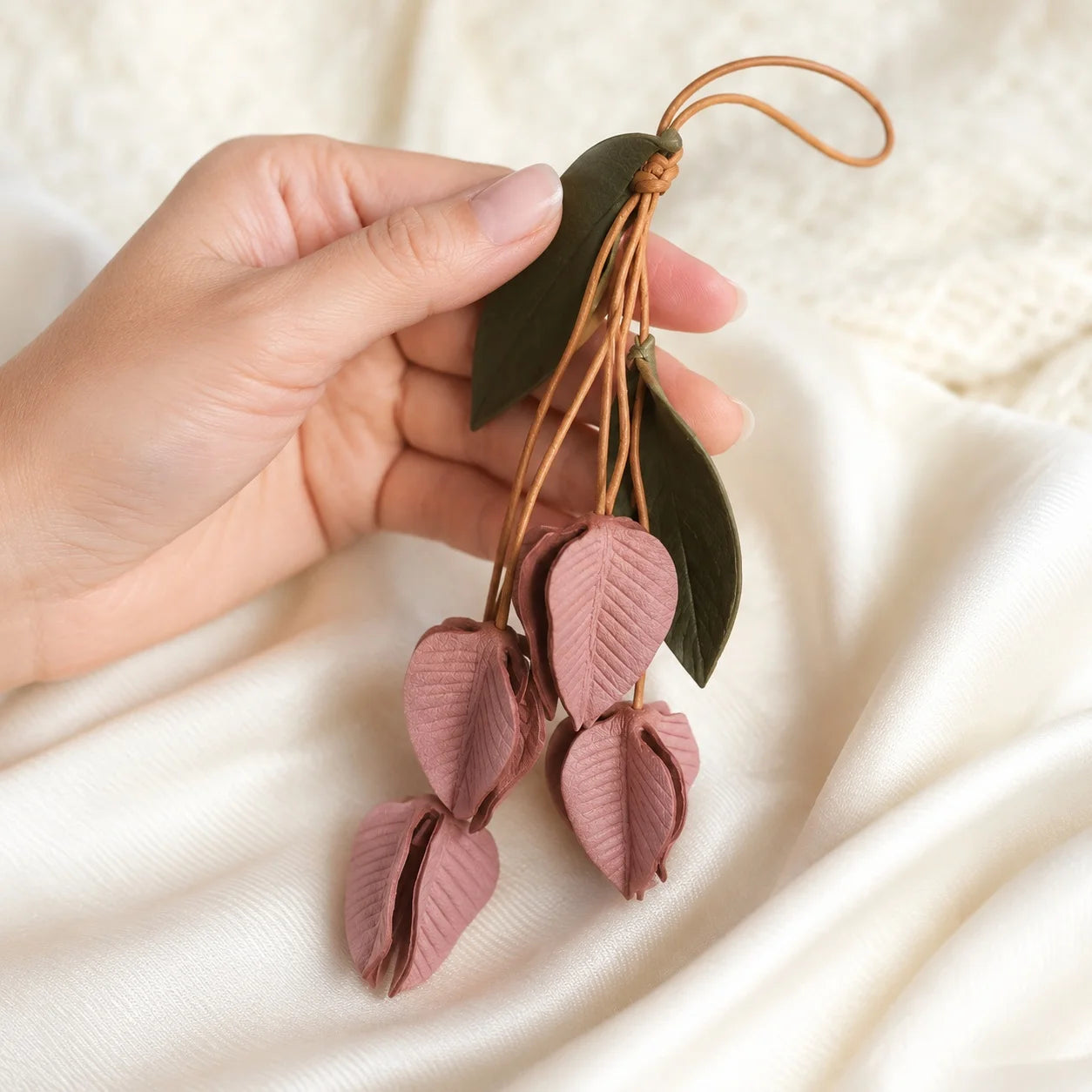 Hand-Painted Lantern Flower Soft Leather Bag Charm, Artistic Botanical Handbag Accessory for Small and Medium Structured Bags