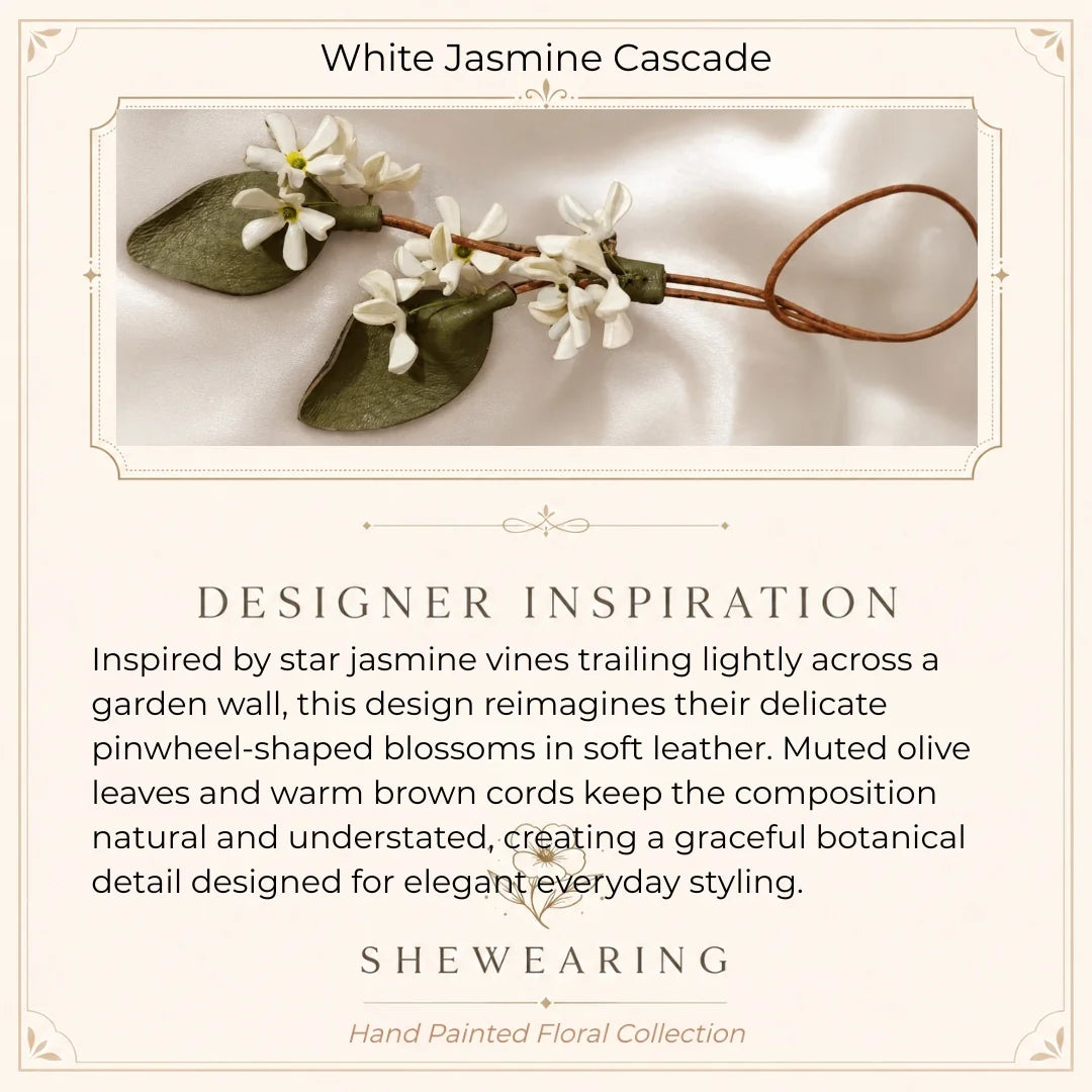 Amuleto de cuero jazmín blanco pintado a mano para bolso con colgantes florales ajustables, elegante accesorio botánico para bolsos pequeños y medianos