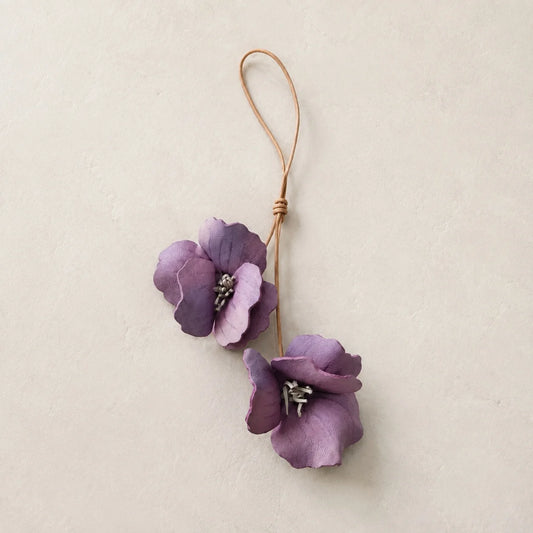 Handcrafted Mauve Hibiscus Double Flower Genuine Leather Bag Charm with Sculptural Petals and Natural Leather Loop for Handbags and Totes