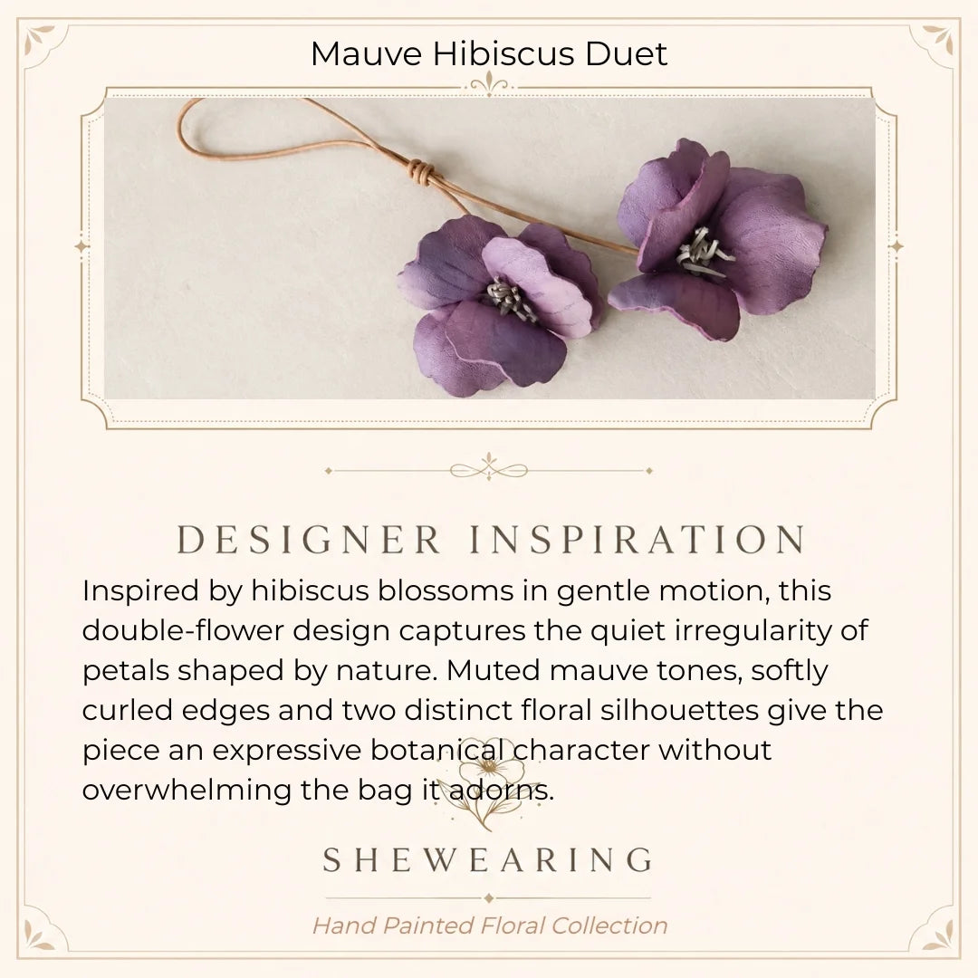 Handcrafted Mauve Hibiscus Double Flower Genuine Leather Bag Charm with Sculptural Petals and Natural Leather Loop for Handbags and Totes