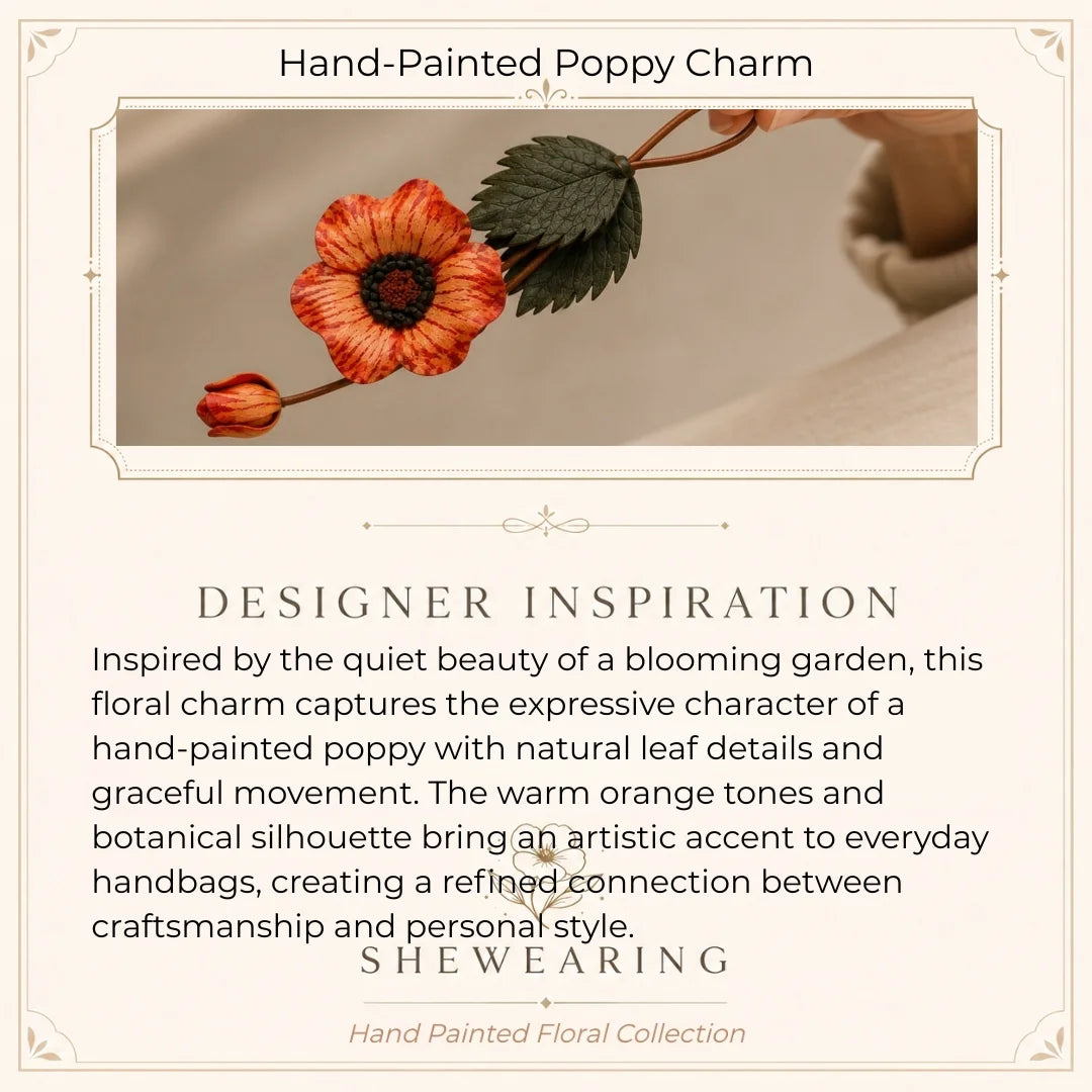 Hand-Painted Leather Poppy Flower Bag Charm with Botanical Leaves and Artistic Floral Detail for Elegant Handbags