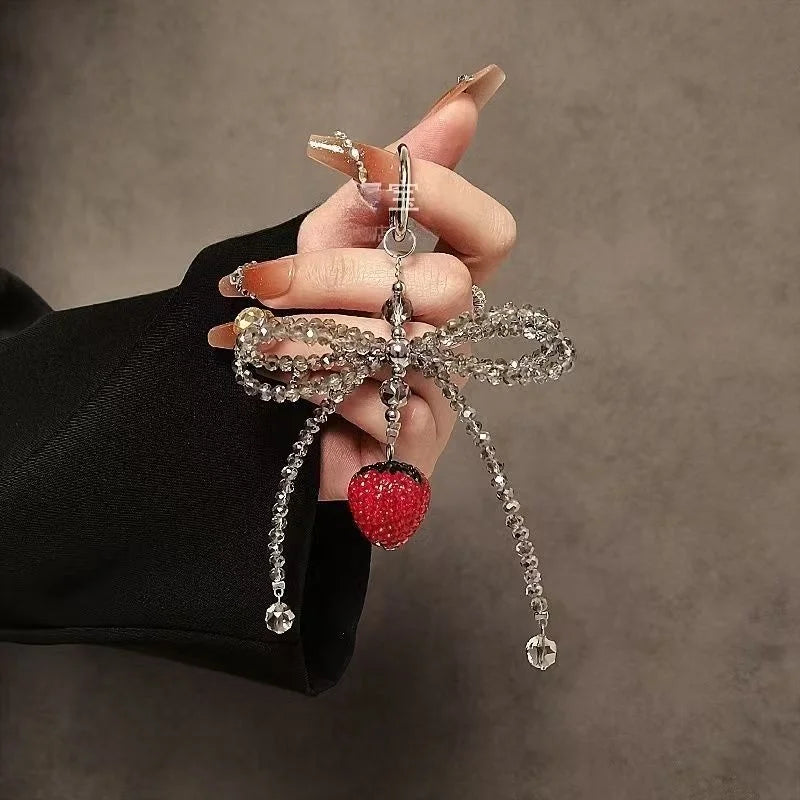 Crystal Strawberry Bow Phone Charm – Handmade Red Rhinestone Pendant with Gray Crystal Beads | Convertible Bag & Keychain Accessory | Elegant Girly Gift