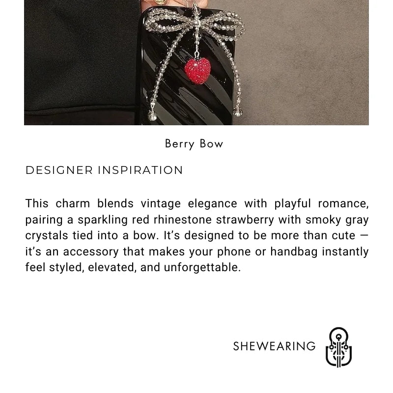 Crystal Strawberry Bow Phone Charm – Handmade Red Rhinestone Pendant with Gray Crystal Beads | Convertible Bag & Keychain Accessory | Elegant Girly Gift