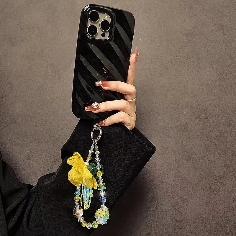 Luxury Yellow Floral Crystal Beaded Charm – Short Wrist Strap Phone Chain & Convertible Bag Pendant | Handmade Organza Flower Accessory with Iridescent Beads